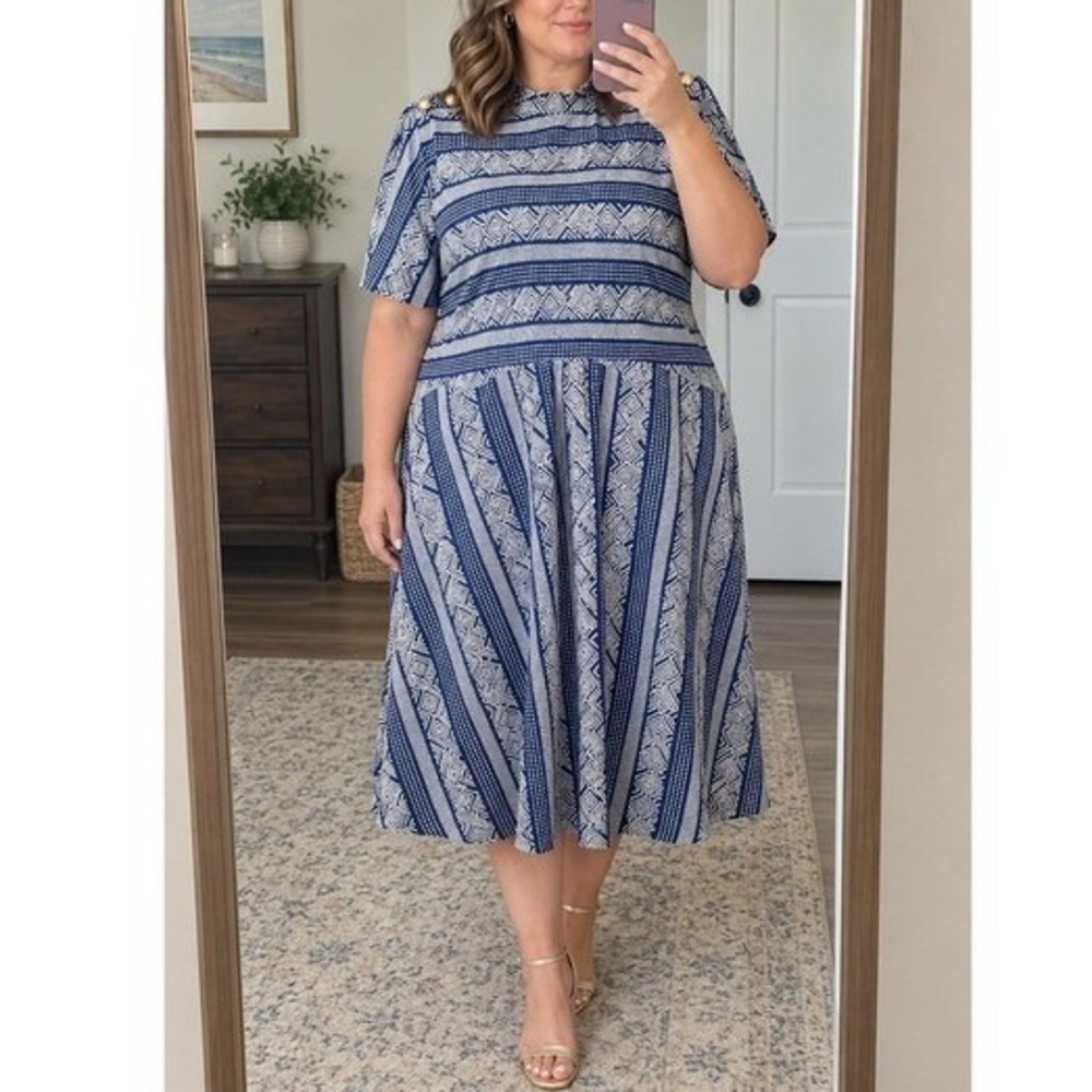 Eloquii Blue & White Geometric Knit Midi Dress Short Sleeve Gold Buttons Size 20